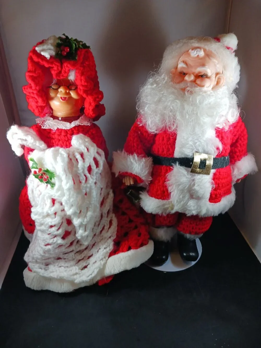 Vintage Crochet Santa Mr. & Mrs. Claus Hard Plastic 12in Tall
